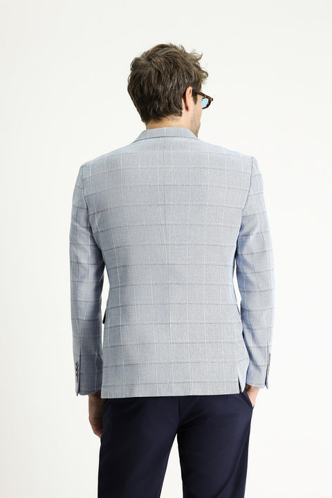 Açık Mavi 7 Drop Slim Fit Dar Kesim Ekose Pamuklu Keten Karışımlı Ceket