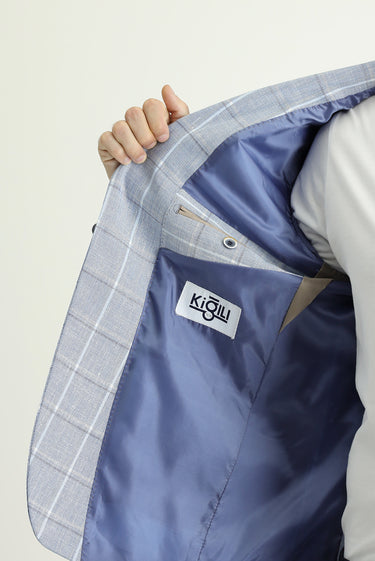 Açık Mavi Slim Fit Dar Kesim Ekose Pamuklu Keten Karışımlı Ceket