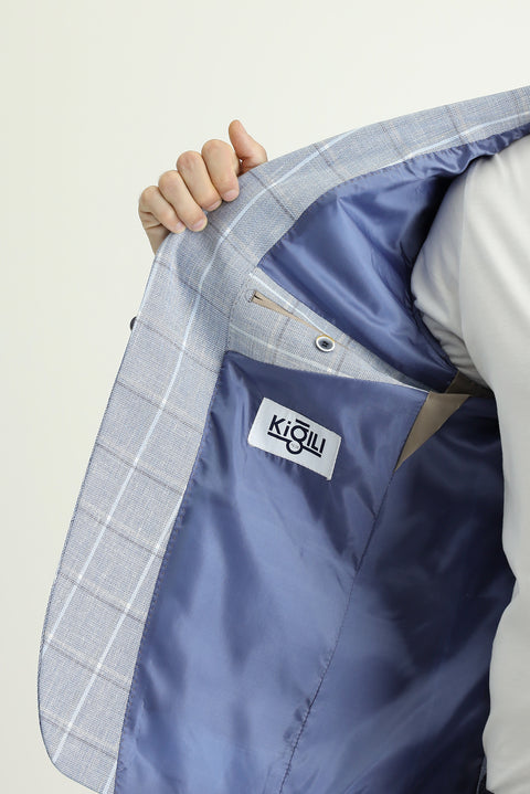 Açık Mavi 7 Drop Slim Fit Dar Kesim Ekose Pamuklu Keten Karışımlı Ceket