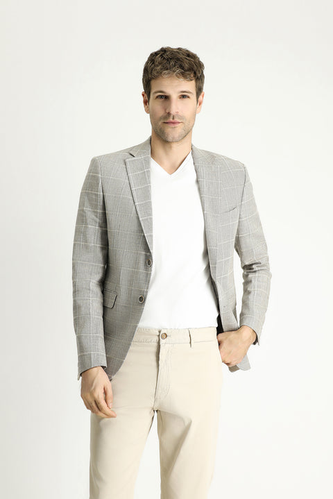 Orta Vizon 7 Drop Slim Fit Dar Kesim Ekose Pamuklu Keten Karışımlı Ceket