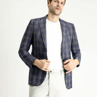 Light Navy 6 Drop Regular Fit Standard Cut Wool Linen Blend Plaid Jacket