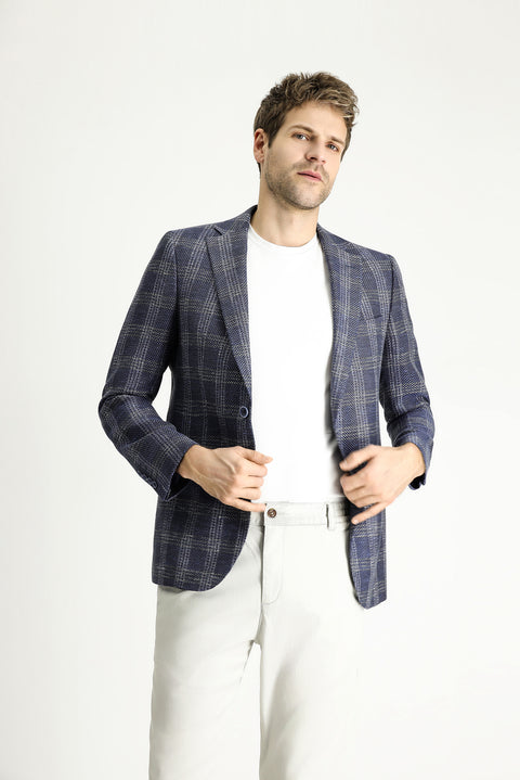 Light Navy 6 Drop Regular Fit Standard Cut Wool Linen Blend Plaid Jacket