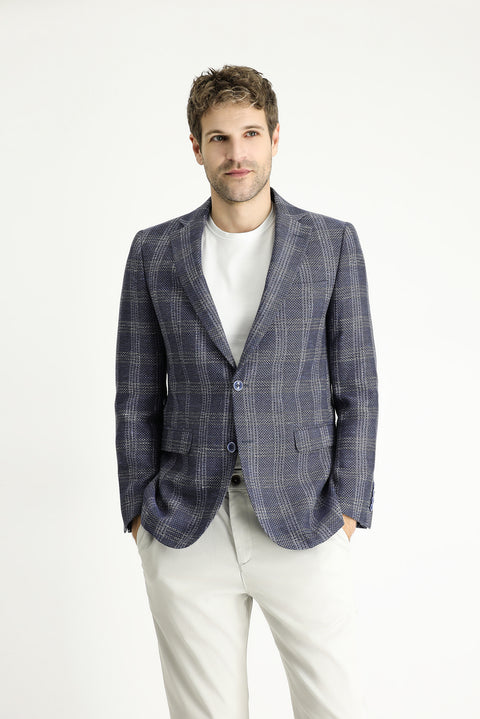 Light Navy 6 Drop Regular Fit Standard Cut Wool Linen Blend Plaid Jacket