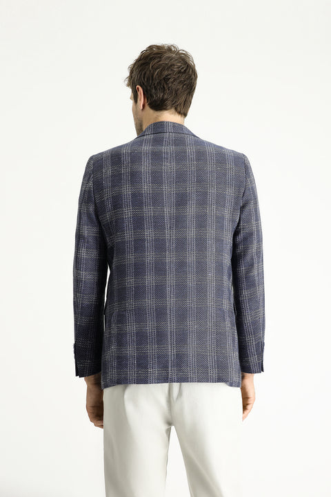 Light Navy 6 Drop Regular Fit Standard Cut Wool Linen Blend Plaid Jacket