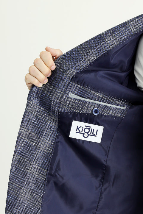 Light Navy 6 Drop Regular Fit Standard Cut Wool Linen Blend Plaid Jacket