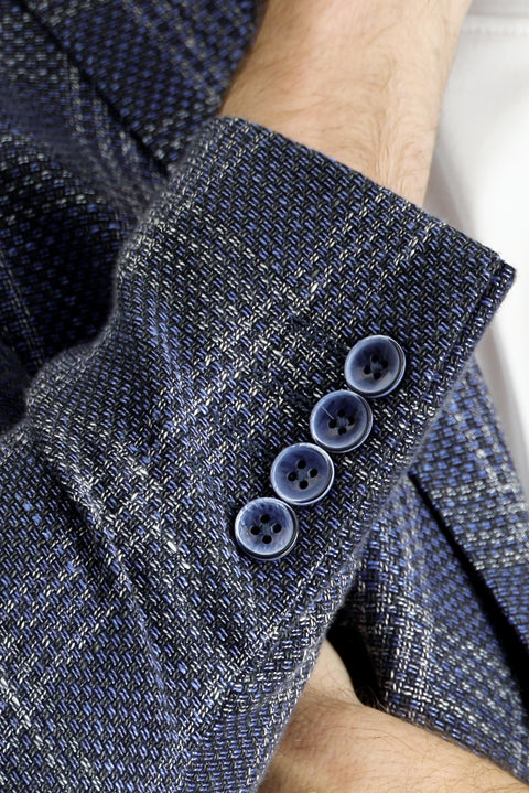 Light Navy 7 Drop Slim Fit Narrow Cut Wool Linen Blend Plaid Jacket