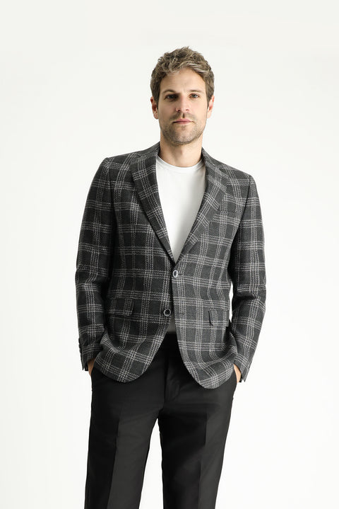 Dark Anthracite 7 Drop Slim Fit Narrow Cut Wool Linen Plaid Jacket