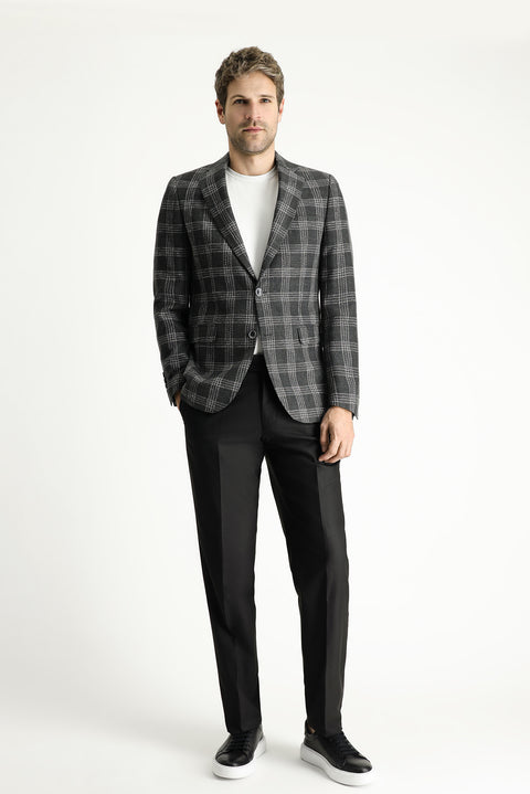 Dark Anthracite 6 Drop Regular Fit Standard Cut Wool Linen Blend Plaid Jacket
