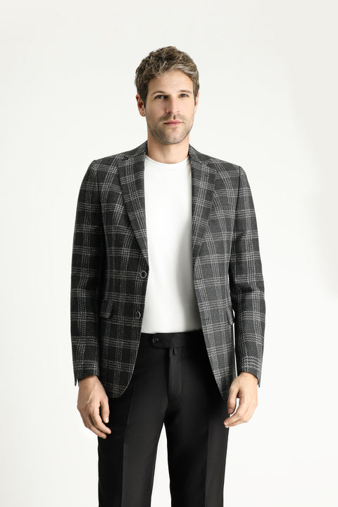 Dark Anthracite 6 Drop Regular Fit Standard Cut Wool Linen Blend Plaid Jacket
