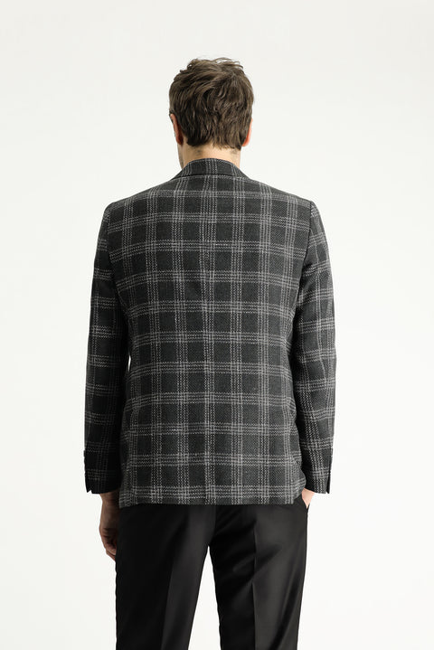 Dark Anthracite 6 Drop Regular Fit Standard Cut Wool Linen Blend Plaid Jacket