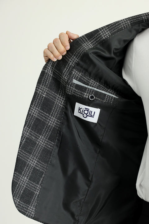 Dark Anthracite 7 Drop Slim Fit Narrow Cut Wool Linen Plaid Jacket