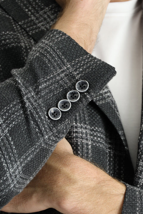 Dark Anthracite 6 Drop Regular Fit Standard Cut Wool Linen Blend Plaid Jacket