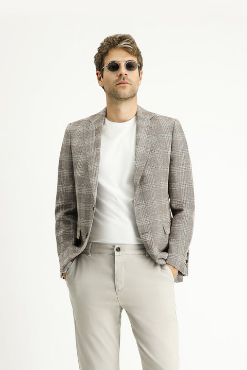 Medium Mink 6 Drop Regular Fit Standard Cut Wool Linen Blend Plaid Jacket