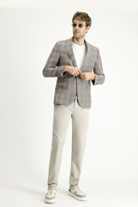 Medium Mink 7 Drop Slim Fit Narrow Cut Wool Linen Blend Plaid Jacket