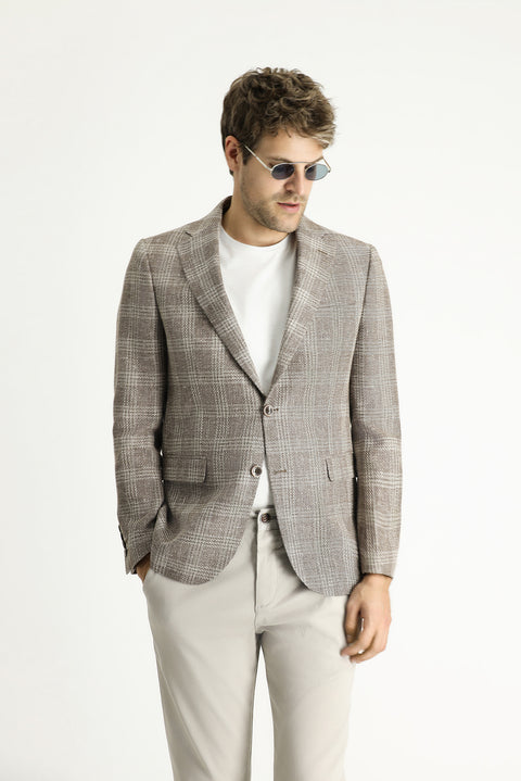 Medium Mink 7 Drop Slim Fit Narrow Cut Wool Linen Blend Plaid Jacket