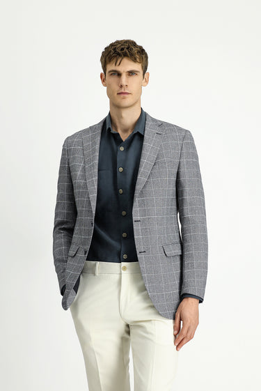  Siyah Regular Fit Kareli Keten Karışımlı Ceket