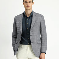 Siyah Slim Fit Dar Kesim Kareli Keten Karışımlı Ceket