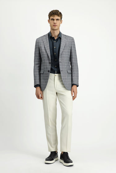 Siyah Super Slim Fit Ekstra Dar Kesim Kareli Keten Karışımlı Ceket