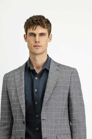 Siyah Slim Fit Dar Kesim Kareli Keten Karışımlı Ceket