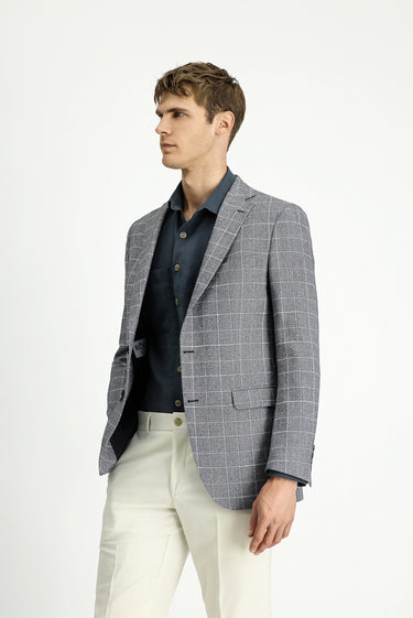 Siyah Slim Fit Dar Kesim Kareli Keten Karışımlı Ceket