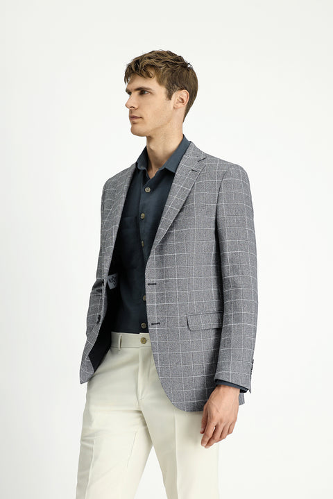 Siyah 7 Drop Slim Fit Dar Kesim Kareli Keten Karışımlı Ceket