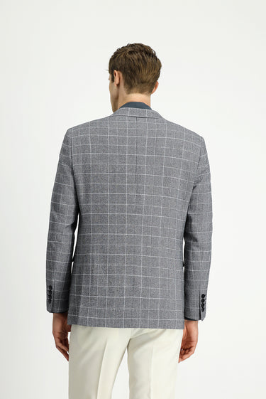 Siyah Slim Fit Dar Kesim Kareli Keten Karışımlı Ceket