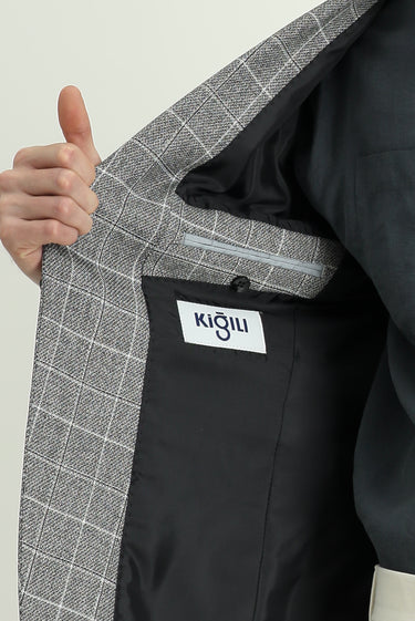 Siyah Regular Fit Kareli Keten Karışımlı Ceket