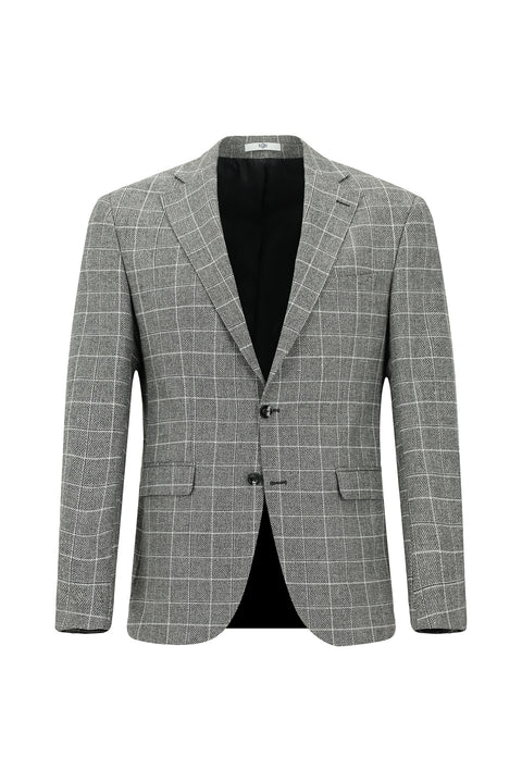 Siyah 7 Drop Super Slim Fit Eksra Dar Kesim Kareli Keten Karışımlı Ceket