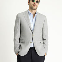 Orta Gri Slim Fit Dar Kesim Kareli Keten Karışımlı Ceket