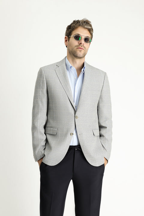 Orta Gri 7 Drop Slim Fit Dar Kesim Kareli Keten Karışımlı Ceket