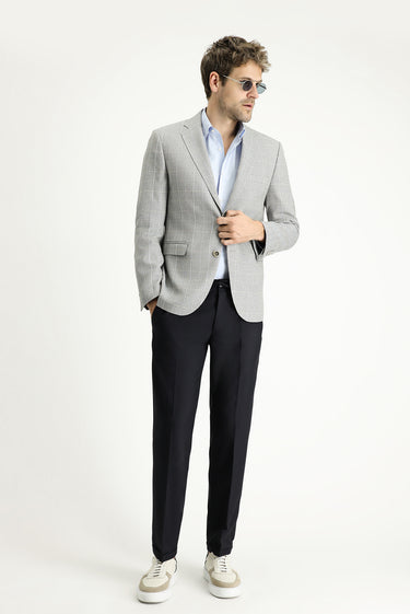  Orta Gri Slim Fit Dar Kesim Kareli Keten Karışımlı Ceket