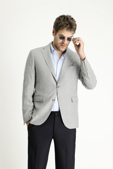  Orta Gri Slim Fit Dar Kesim Kareli Keten Karışımlı Ceket