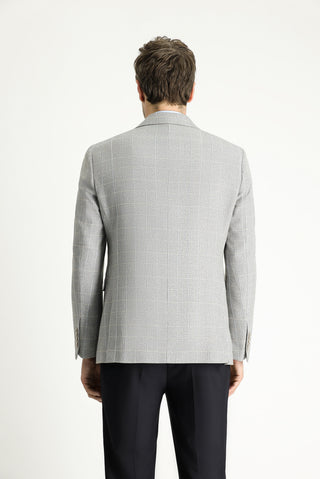  Orta Gri Slim Fit Dar Kesim Kareli Keten Karışımlı Ceket