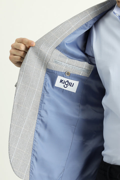 Orta Gri 6 Drop Regular Fit Standart Kesim Kareli Keten Karışımlı Ceket