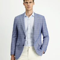 Koyu Mavi  Regular Fit Kareli Keten Karışımlı Ceket