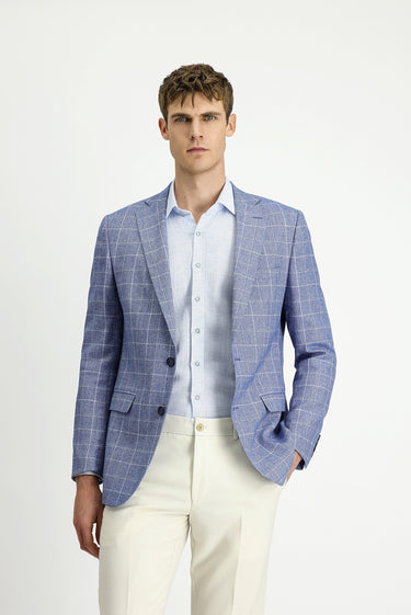 Koyu Mavi  Super Slim Fit Ekstra Dar Kesim Kareli Keten Karışımlı Ceket
