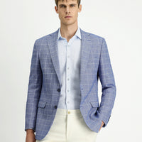 Dark Blue 7 Drop Slim Fit Plaid Linen Blend Jacket