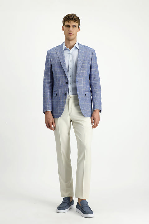 Koyu Mavi  7 Drop Super Slim Fit Eksra Dar Kesim Kareli Keten Karışımlı Ceket