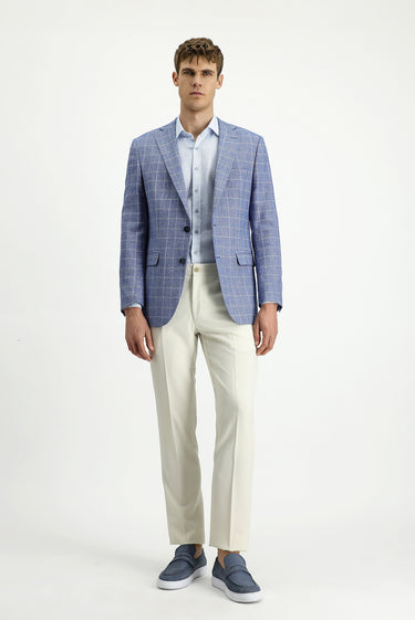 Koyu Mavi  Slim Fit Dar Kesim Kareli Keten Karışımlı Ceket