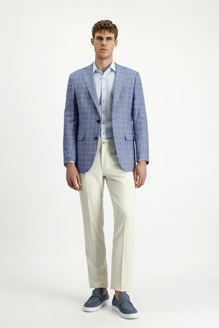  Koyu Mavi  Regular Fit Kareli Keten Karışımlı Ceket