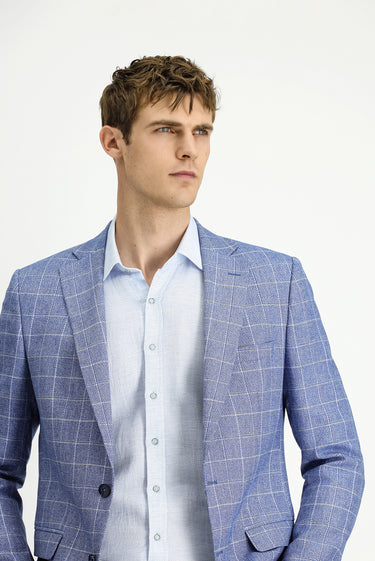 Koyu Mavi  Super Slim Fit Ekstra Dar Kesim Kareli Keten Karışımlı Ceket