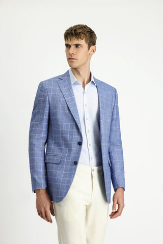  Koyu Mavi  Regular Fit Kareli Keten Karışımlı Ceket