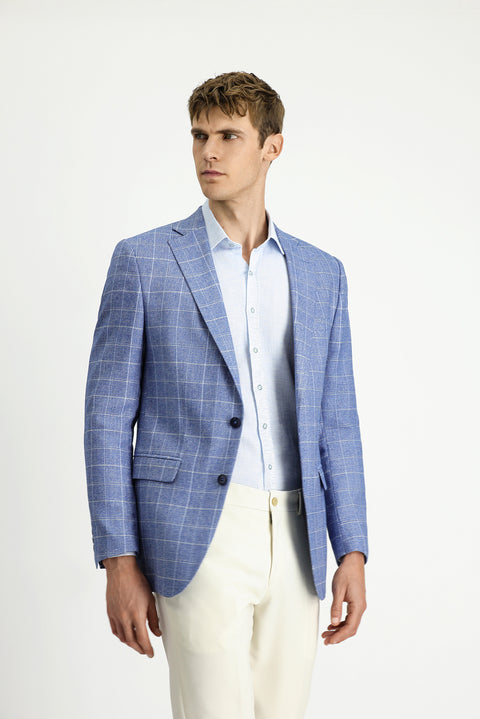 Koyu Mavi  7 Drop Super Slim Fit Eksra Dar Kesim Kareli Keten Karışımlı Ceket