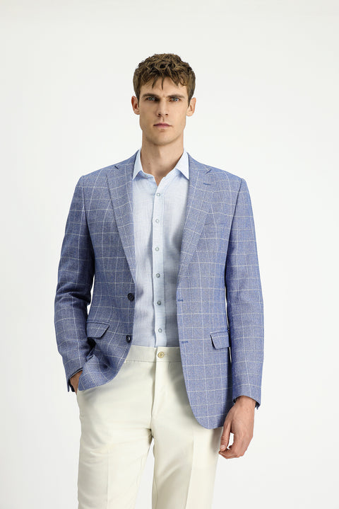 Koyu Mavi  7 Drop Slim Fit Dar Kesim Kareli Keten Karışımlı Ceket