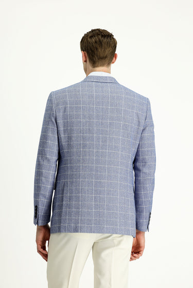 Koyu Mavi  Slim Fit Dar Kesim Kareli Keten Karışımlı Ceket