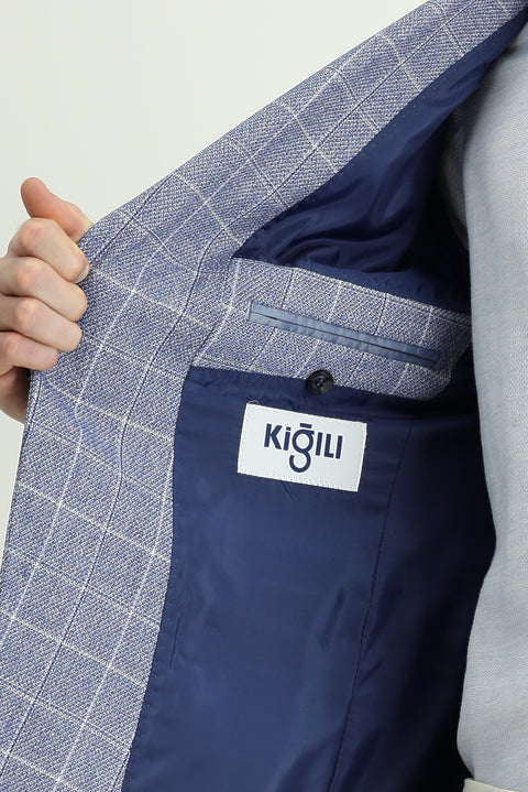 Koyu Mavi  7 Drop Slim Fit Dar Kesim Kareli Keten Karışımlı Ceket