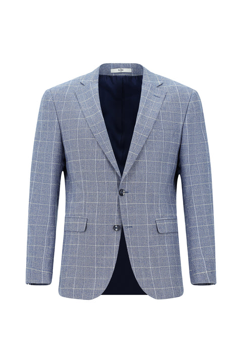 Koyu Mavi  7 Drop Super Slim Fit Eksra Dar Kesim Kareli Keten Karışımlı Ceket