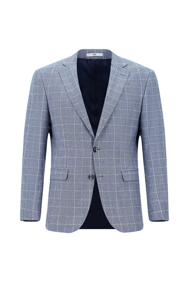 Koyu Mavi  Slim Fit Dar Kesim Kareli Keten Karışımlı Ceket