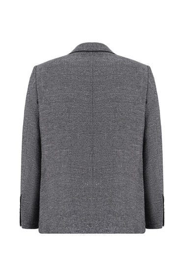 Siyah Slim Fit Dar Kesim Desenli Keten Karışımlı Ceket