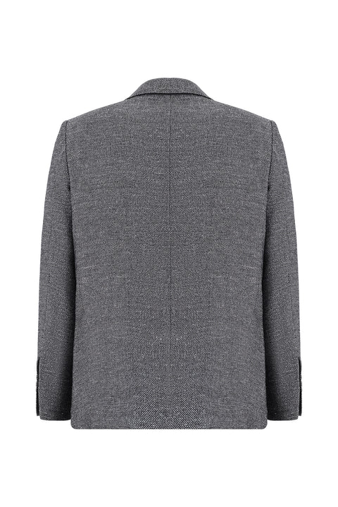 Siyah 4 Drop Relaxed Fit Rahat Kesim Desenli Keten Karışımlı Ceket